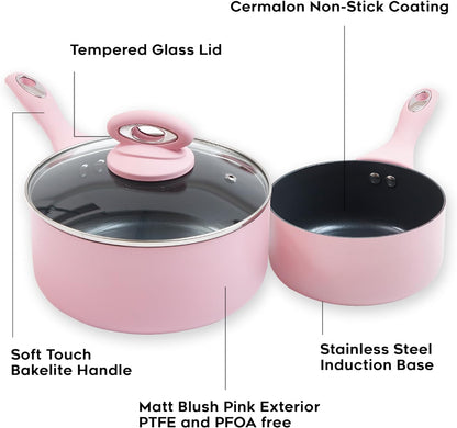 5-Piece Matt Blush Pink & Grey Sparkle Ceramic Non-Stick Pan Set