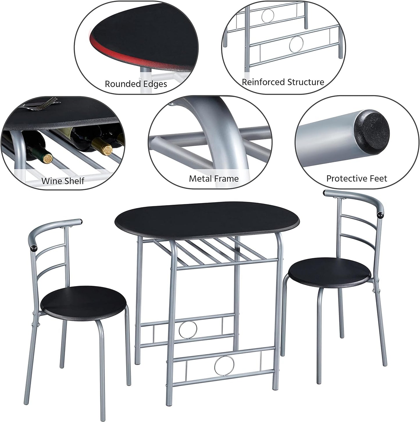 Compact Black and Silver Dining Set, Contemporary and Space-Saving