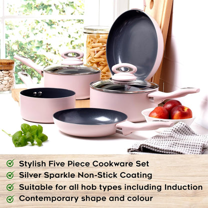 5-Piece Matt Blush Pink & Grey Sparkle Ceramic Non-Stick Pan Set