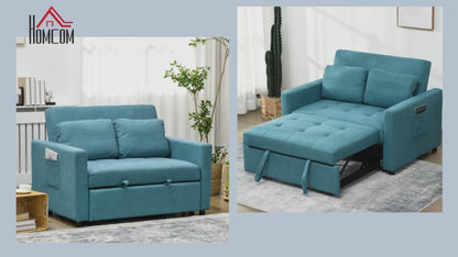 2 Seater Sofa Bed Convertible Bed Settee with Cushions, Pockets, Blue