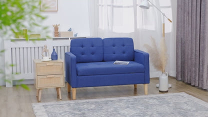 Compact Blue Loveseat Sofa: 2-Seater with Storage & Wooden Legs