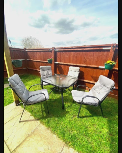 Outsunny Garden Dining Set, Glass Table w/ Umbrella Hole & Texteline Seats