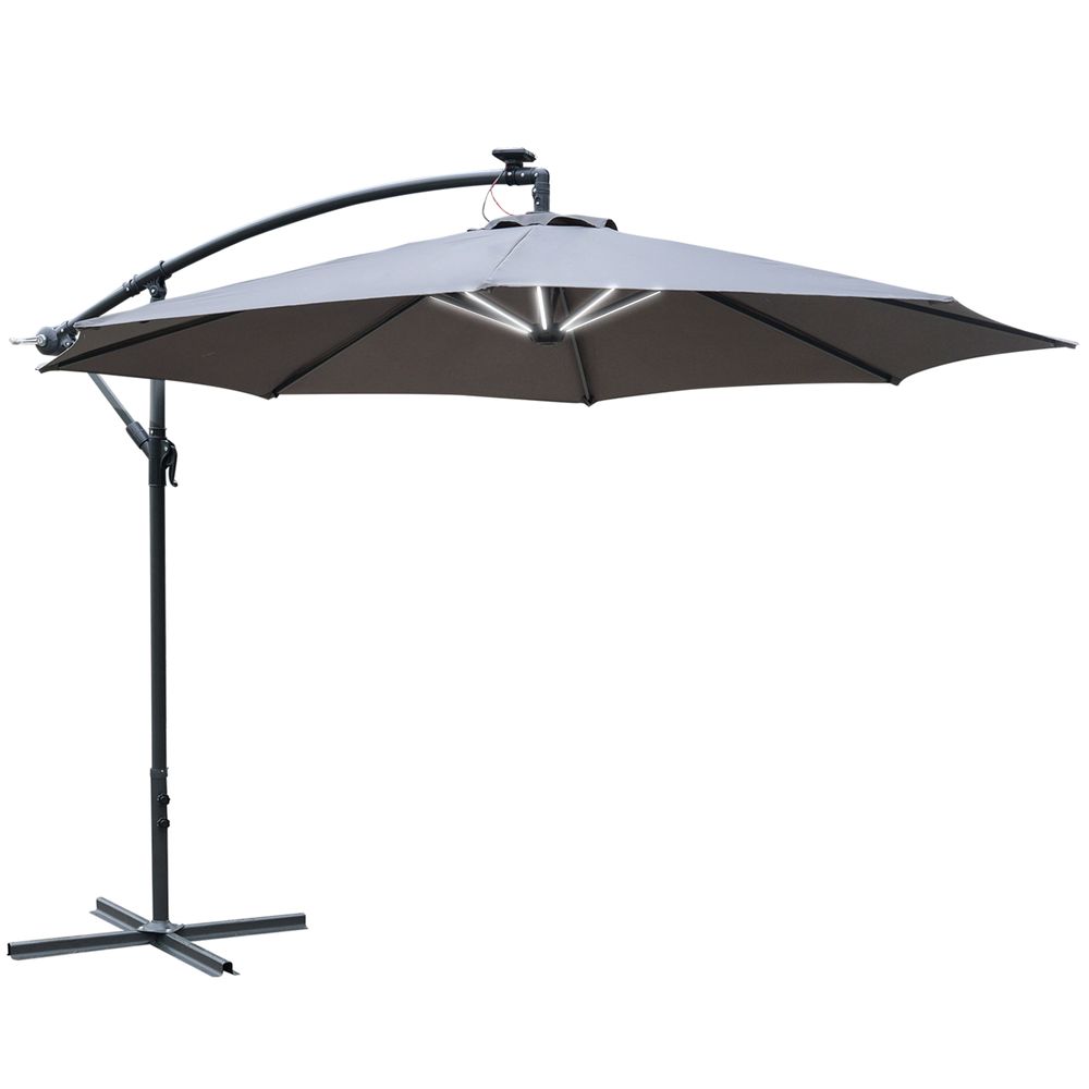 3m LED Patio Banana Umbrella - Cantilever Parasol with Solar Lights & Base, Grey