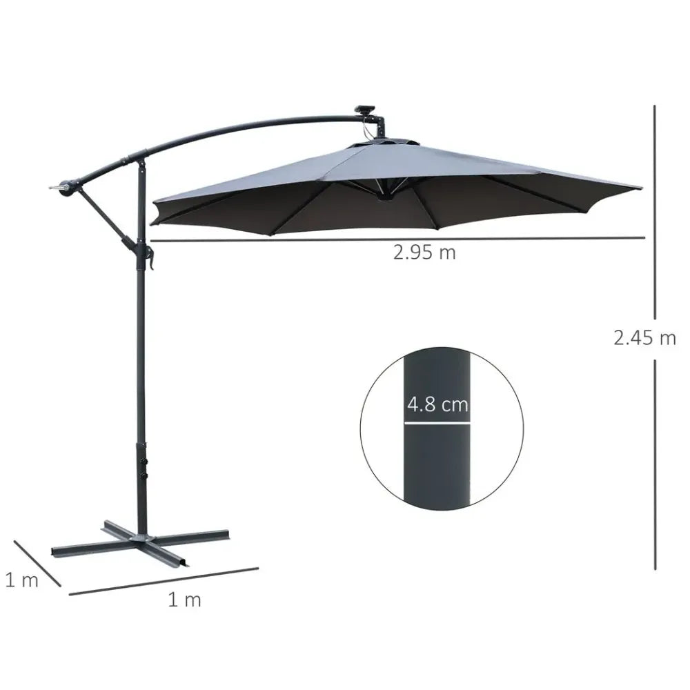 3m LED Patio Banana Umbrella - Cantilever Parasol with Solar Lights & Base, Grey