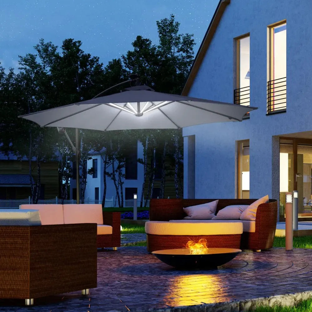 3m LED Patio Banana Umbrella - Cantilever Parasol with Solar Lights & Base, Grey