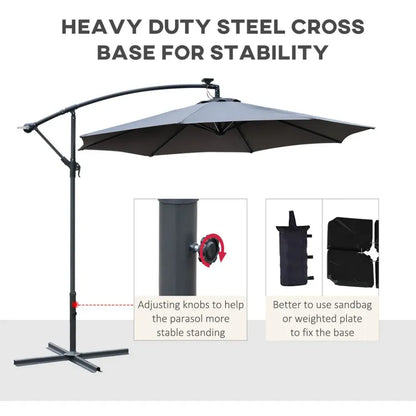 3m LED Patio Banana Umbrella - Cantilever Parasol with Solar Lights & Base, Grey