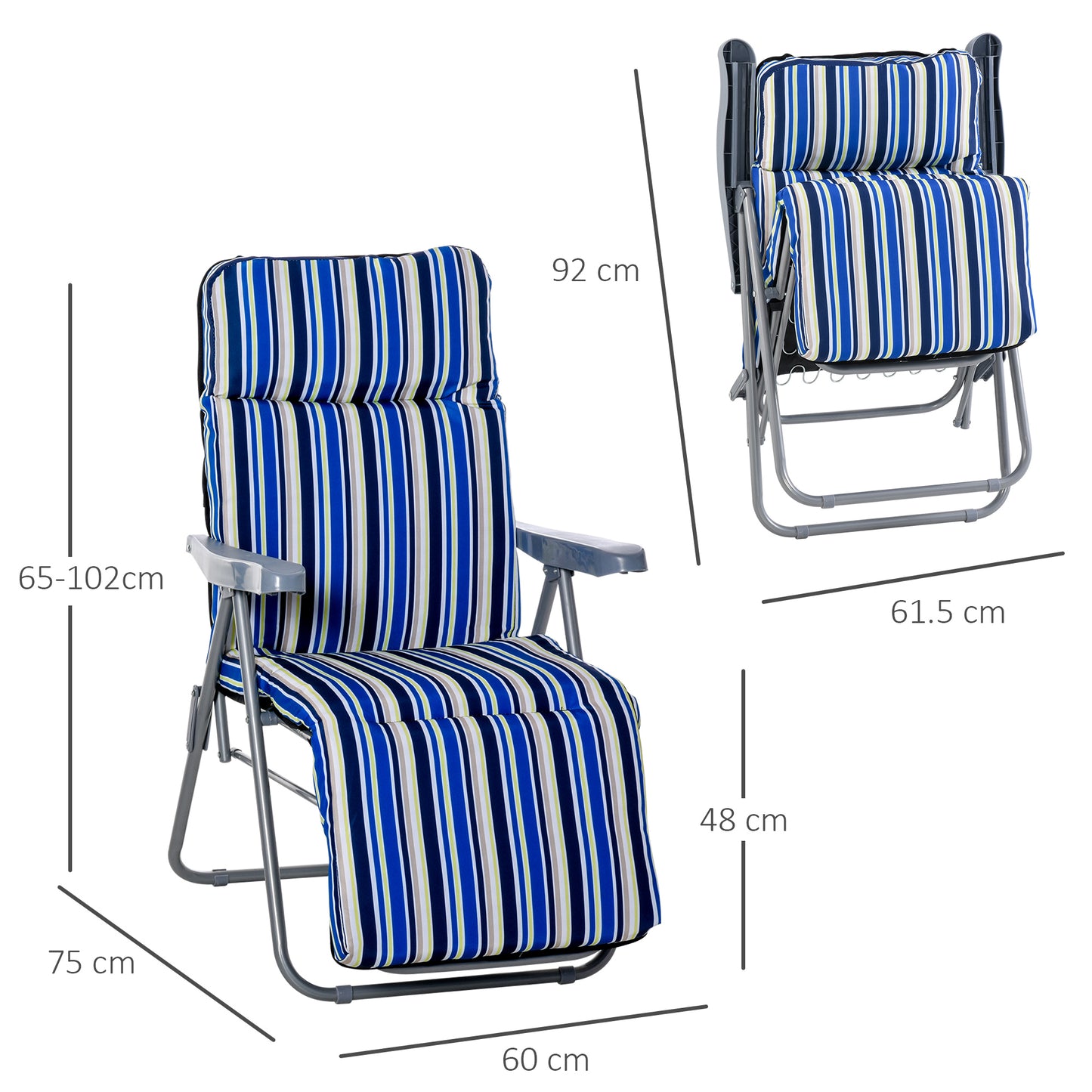 2 Outdoor Sun Recliners - Folding Loungers, Multi-Position Relaxers with Cushions