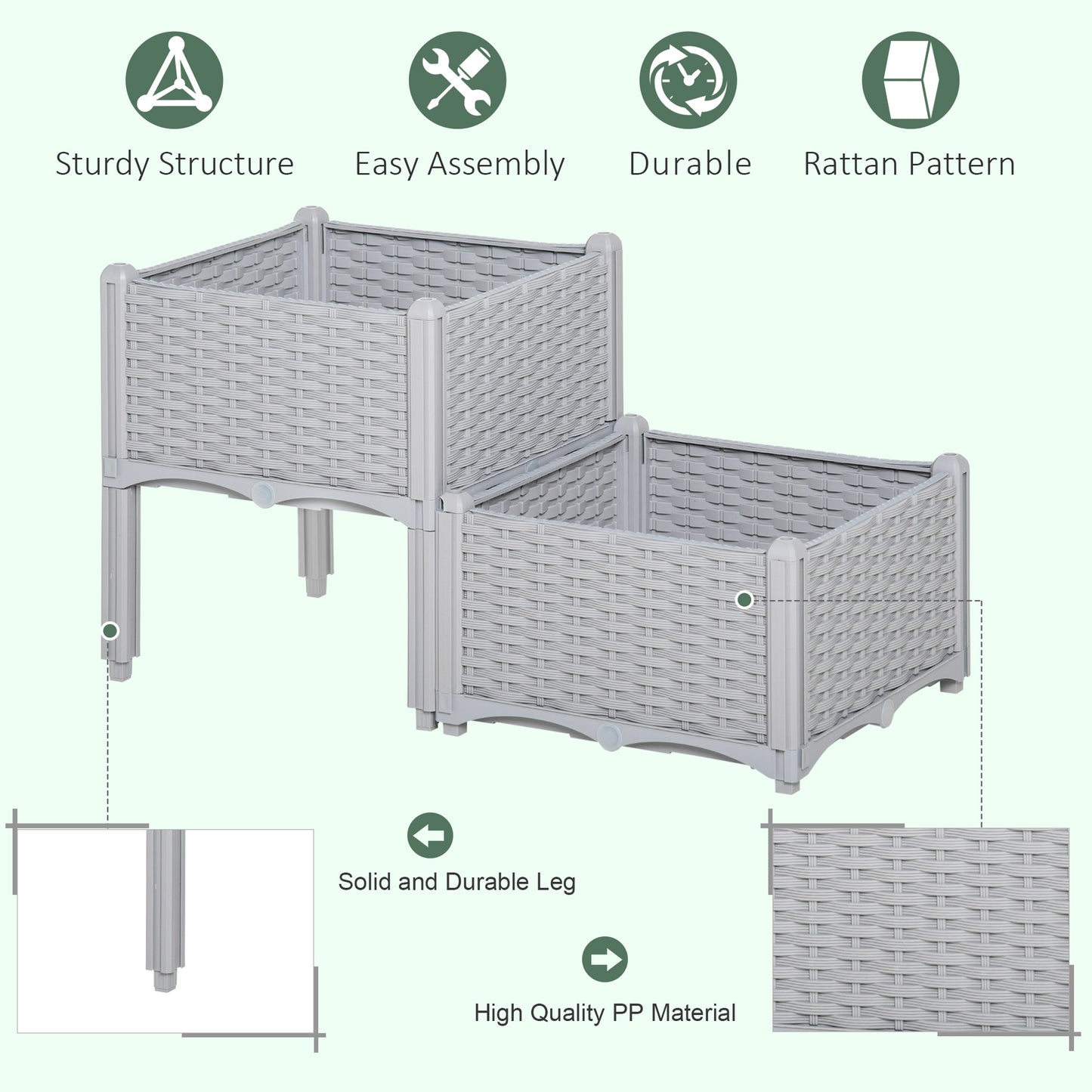 Set of 2 Raised Outdoor Garden Planter Boxes in PP, Practical Design