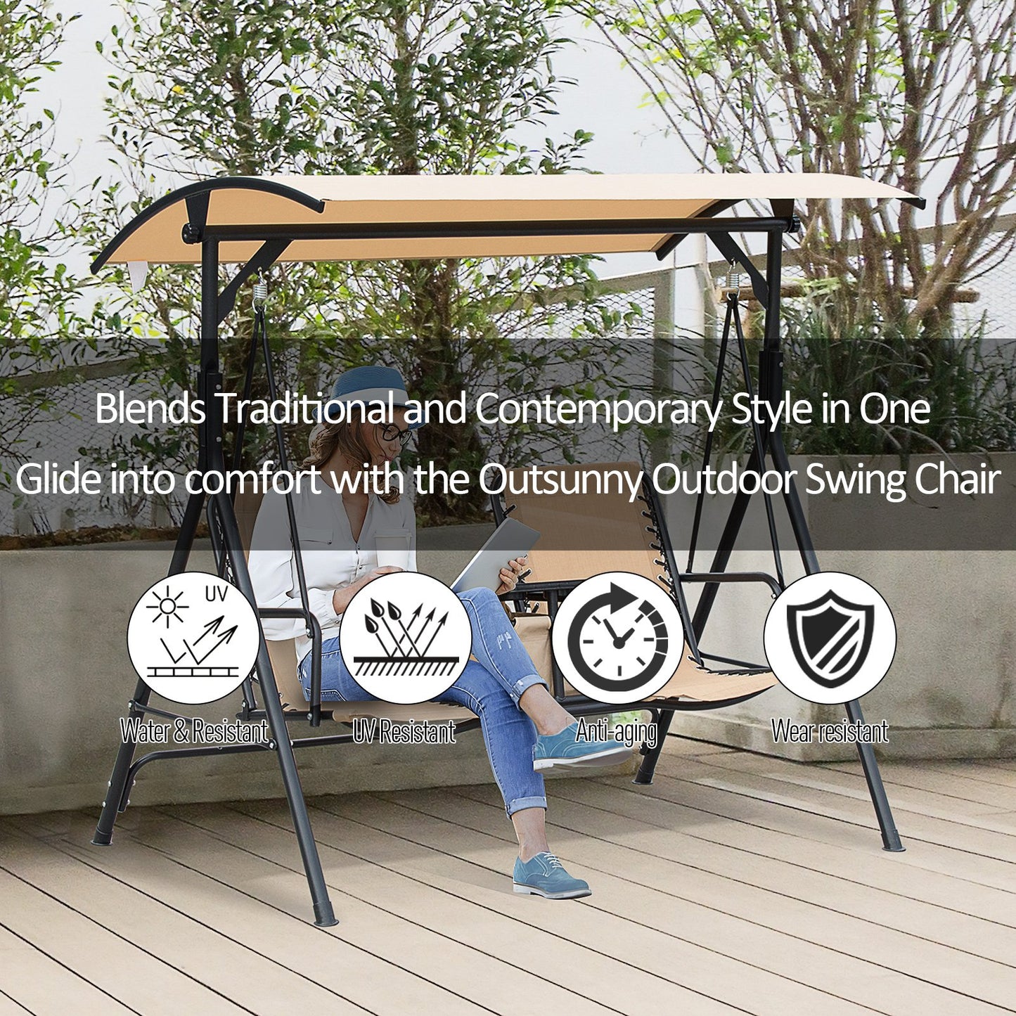 2-Seater Swing Chair with Canopy and Sling Seats, Middle Table and Cup Holders