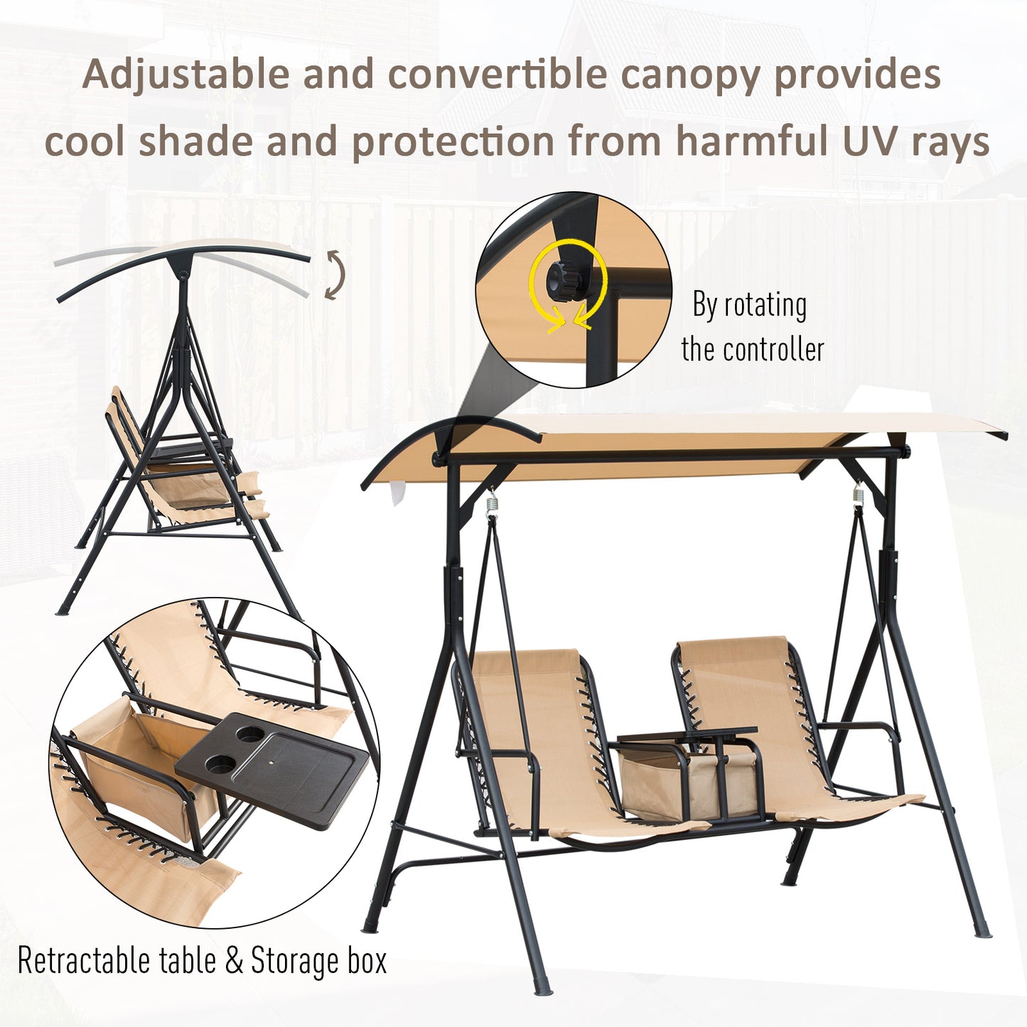 2-Seater Swing Chair with Canopy and Sling Seats, Middle Table and Cup Holders