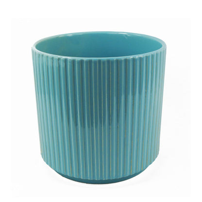 Turquoise Blue Ribbed Ceramic Planter Pot: 13.5 x 13.5 x 13cm