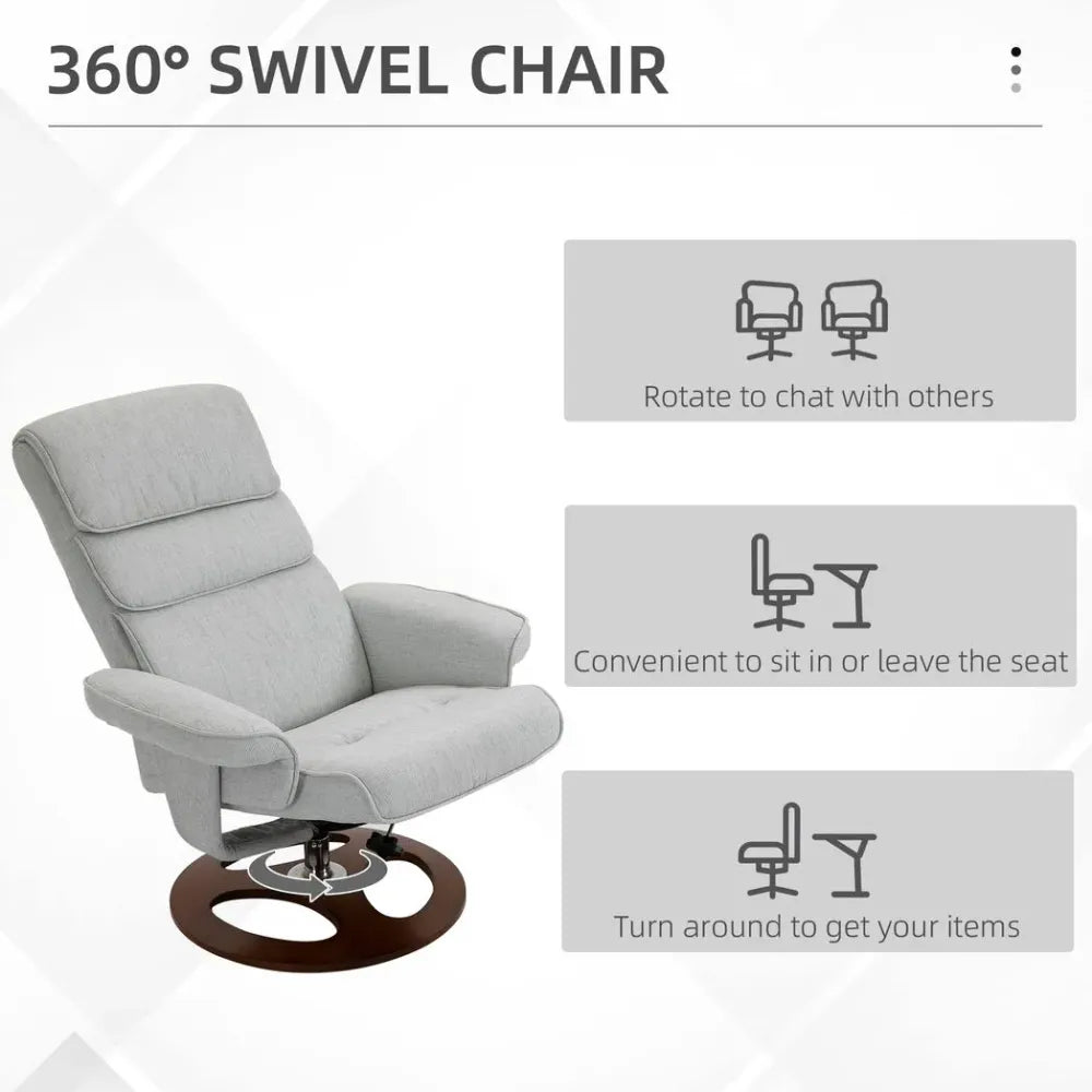 Recliner Chair & Ottoman Set – 360° Swivel with Thick Padding and Wood Base – Grey