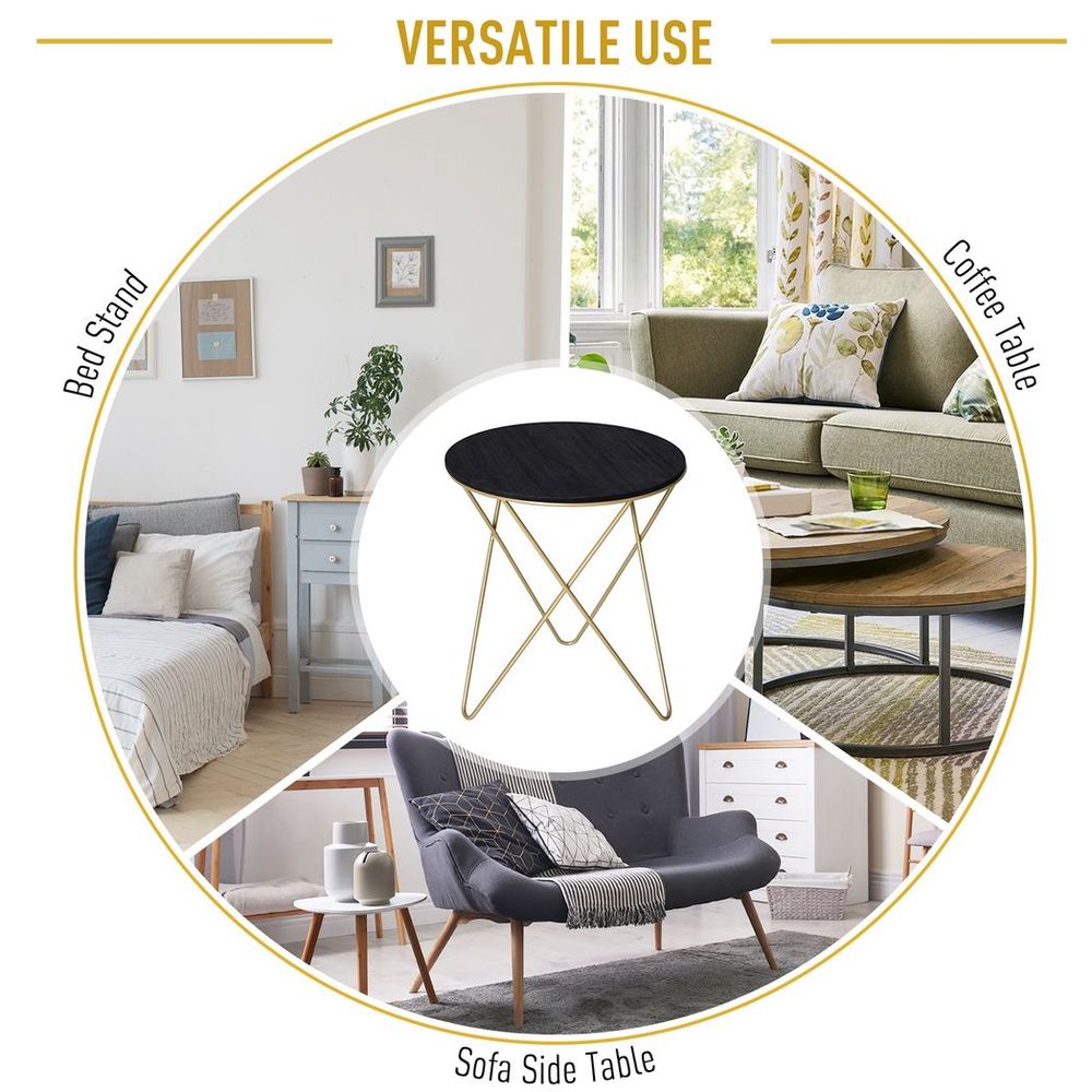 Round Coffee Table – Wood and Metal Sofa End Side Table – Black & Gold