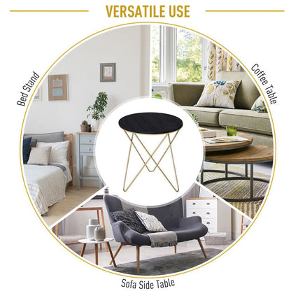 Round Coffee Table – Wood and Metal Sofa End Side Table – Black & Gold