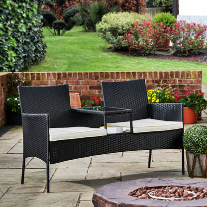 Rattan Loveseat with Table and Cushions for Outdoor Garden Furniture