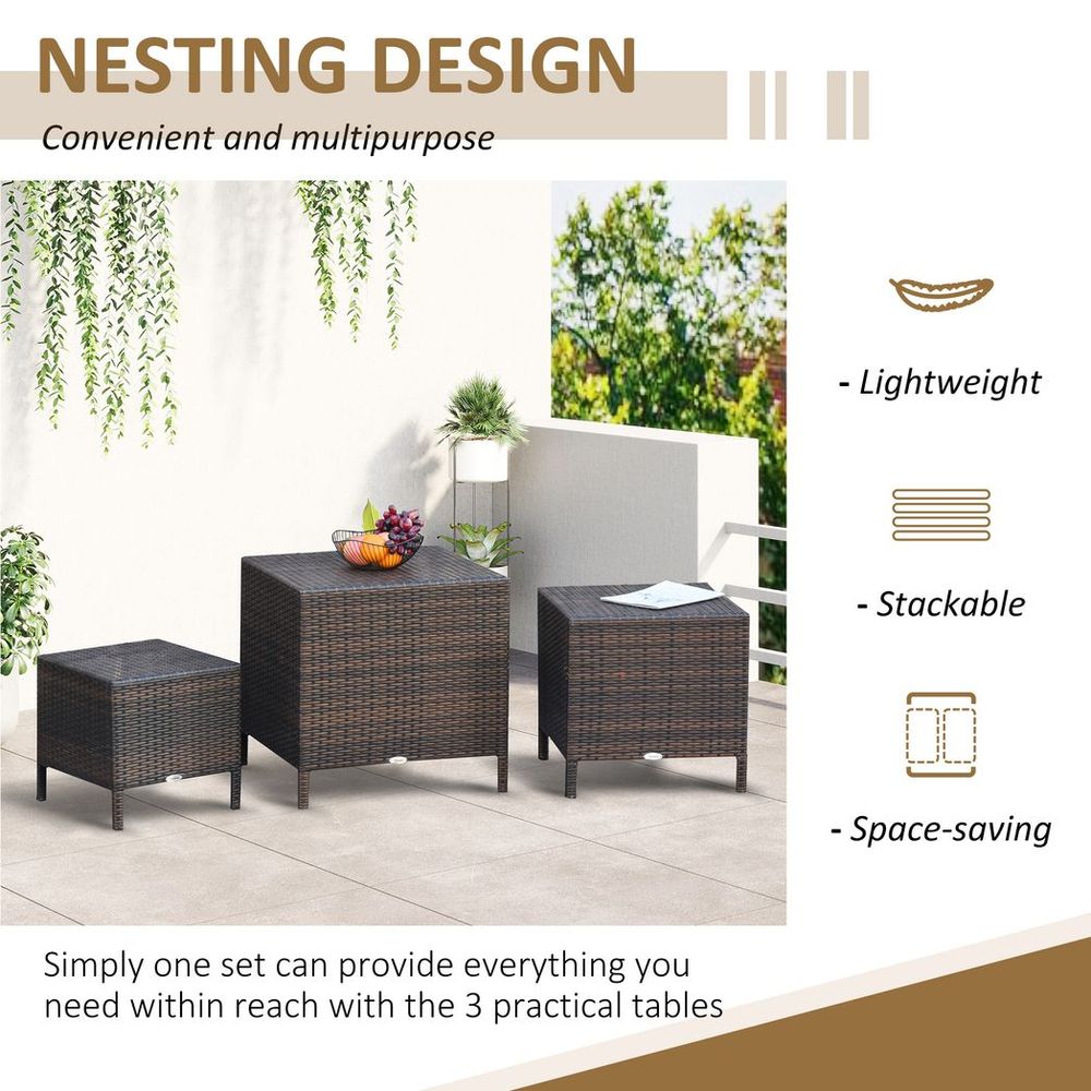 Three-Piece Rattan Nesting Table Set: Stacking Coffee Tables for Garden