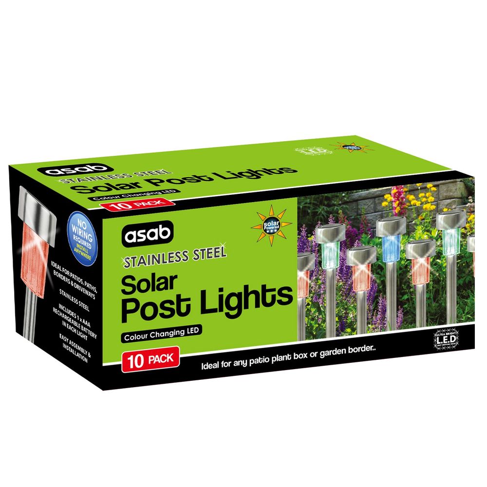 Box of 10 Colour-Changing Solar-Powered Post Lights - Stainless Steel