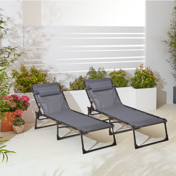 Set of 2 Grey Outdoor Folding Sun Loungers, Comfortable and Practical