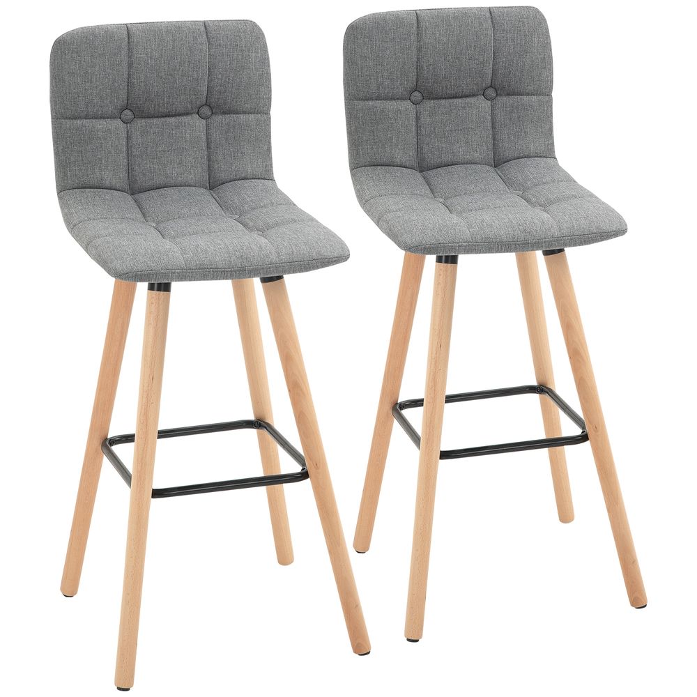 Set of 2 Bar Stools – Armless Button-Tufted Counter Height Chairs – Grey