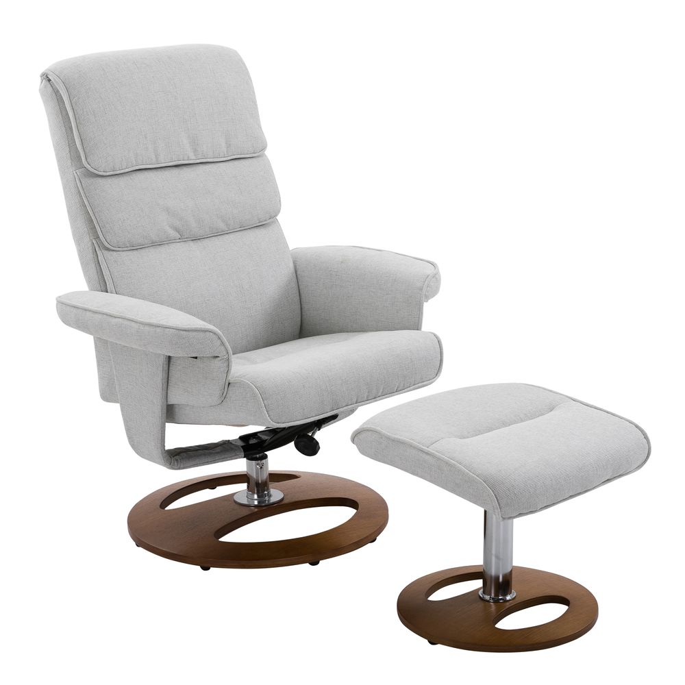 Recliner Chair & Ottoman Set – 360° Swivel with Thick Padding and Wood Base – Grey