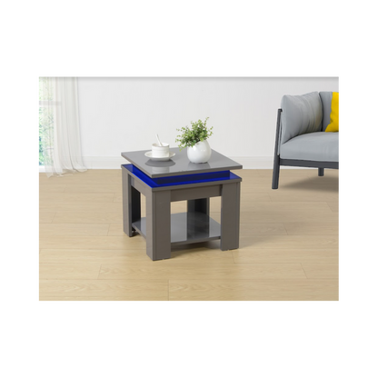 Grey Square Side Table with Blue LED Light, Contemporary Style