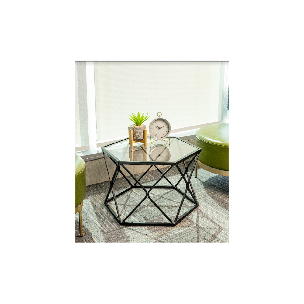 Large Hexagon Tempered Glass Black Coffee Side Table