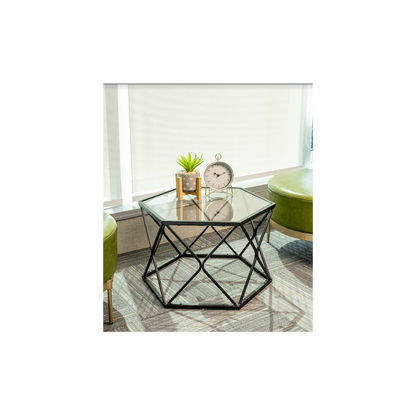 Large Hexagon Tempered Glass Black Coffee Side Table