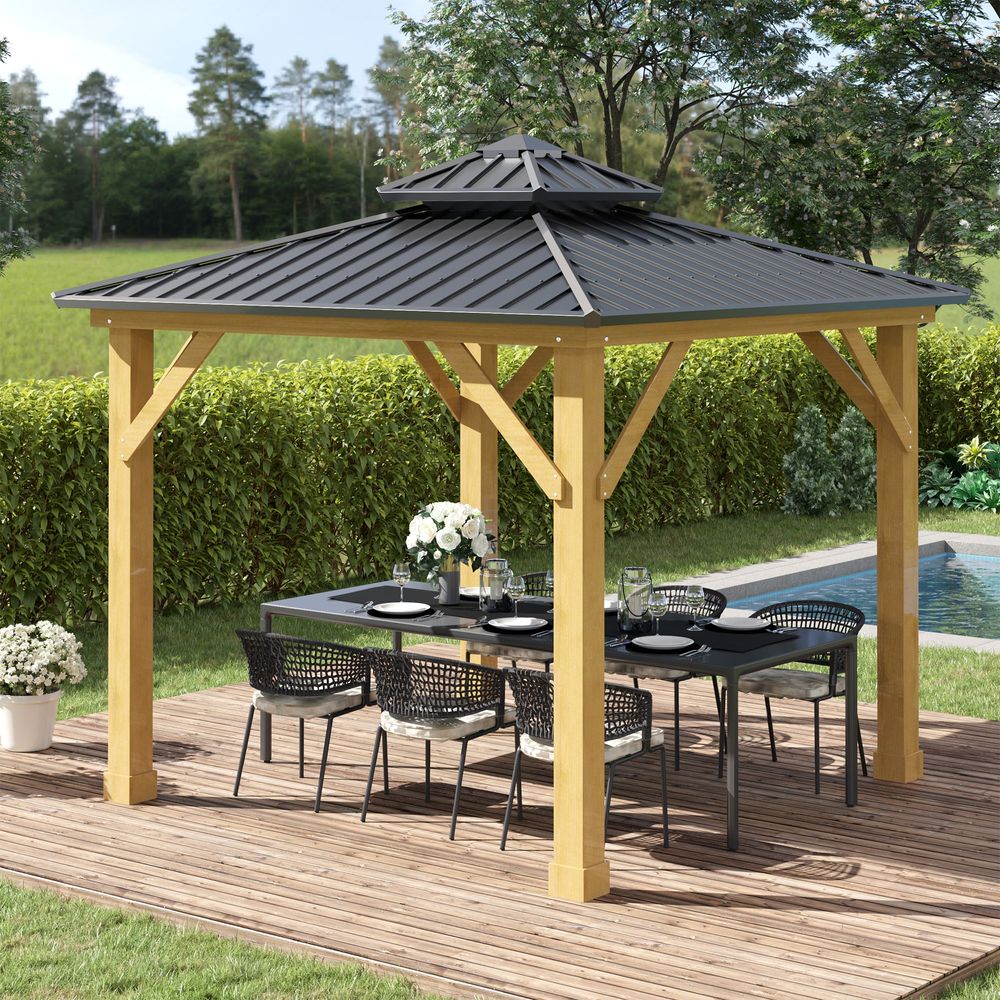 3x3M Hardtop Gazebo with 2-Tier Roof and Solid Wood Frame Grey