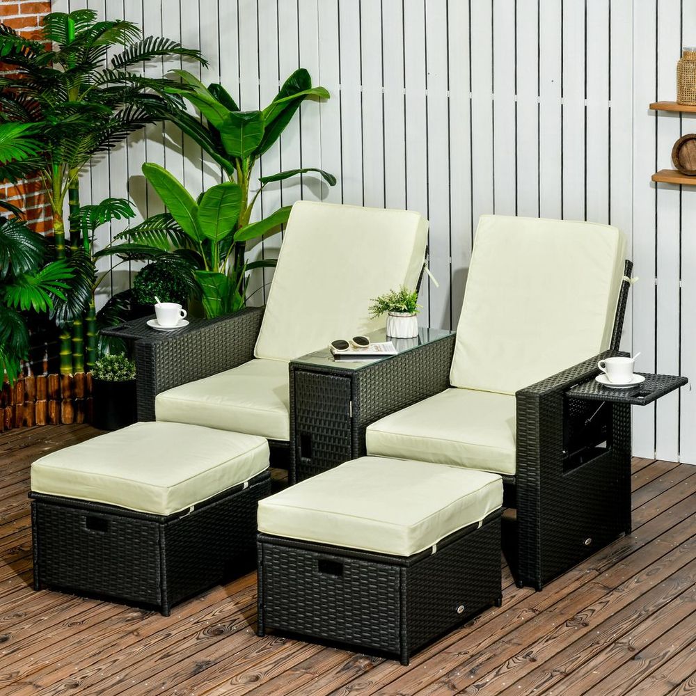 5-Level Adjustable Rattan Sun Lounger - Black with Storage, Tea Table & Footstools