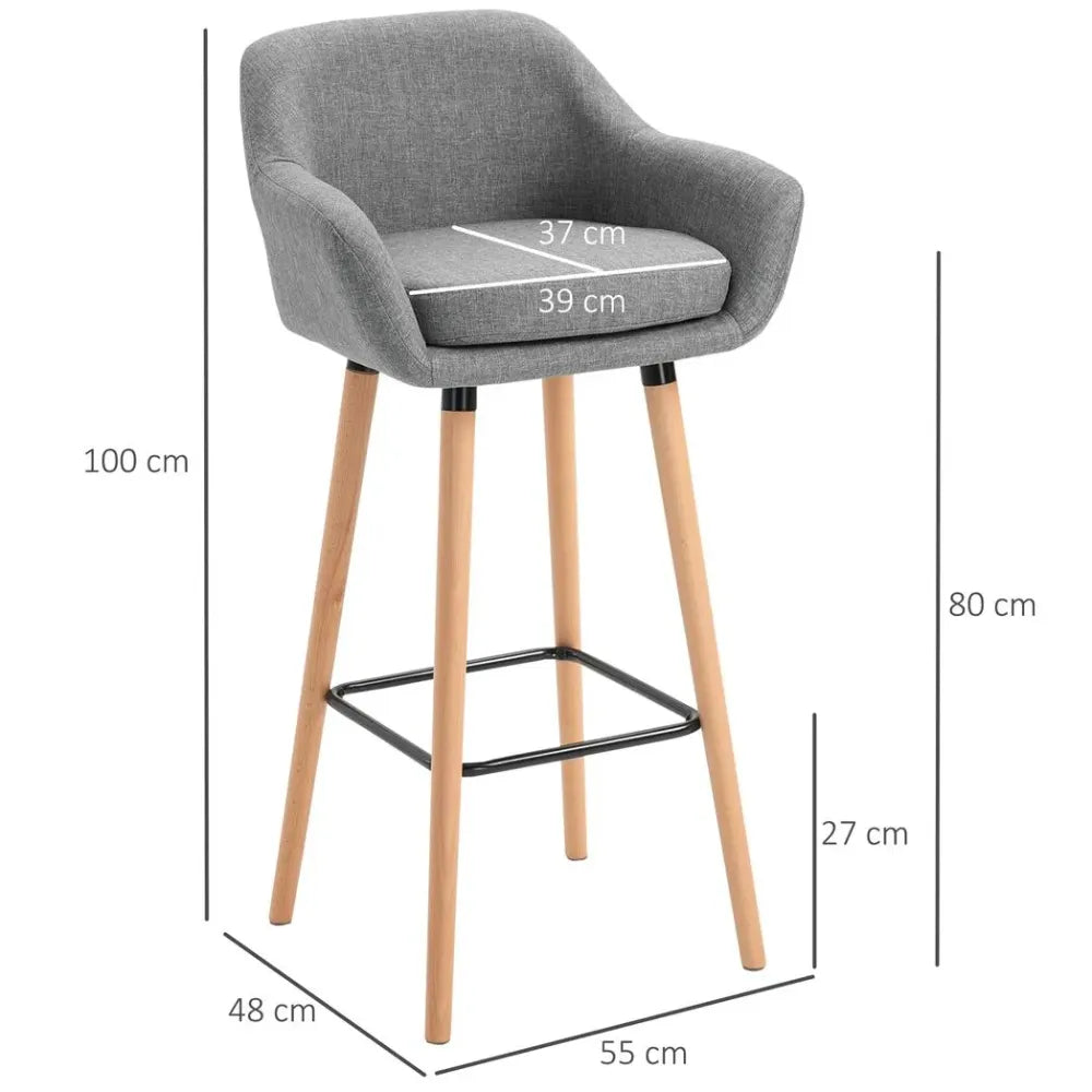 2 Modern Upholstered Fabric Bar Stools - Bucket Seat, Solid Wood Legs, Grey