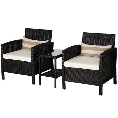 Black 2-Seater PE Rattan Bistro Set: Side Table, Armchair & Pillows