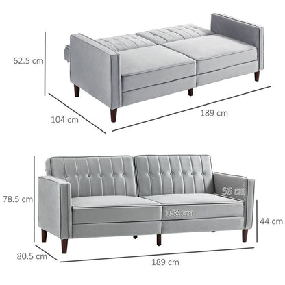 Convertible Futon Sofa Bed – Velvet-Touch Tufted Couch with Split Back – Grey