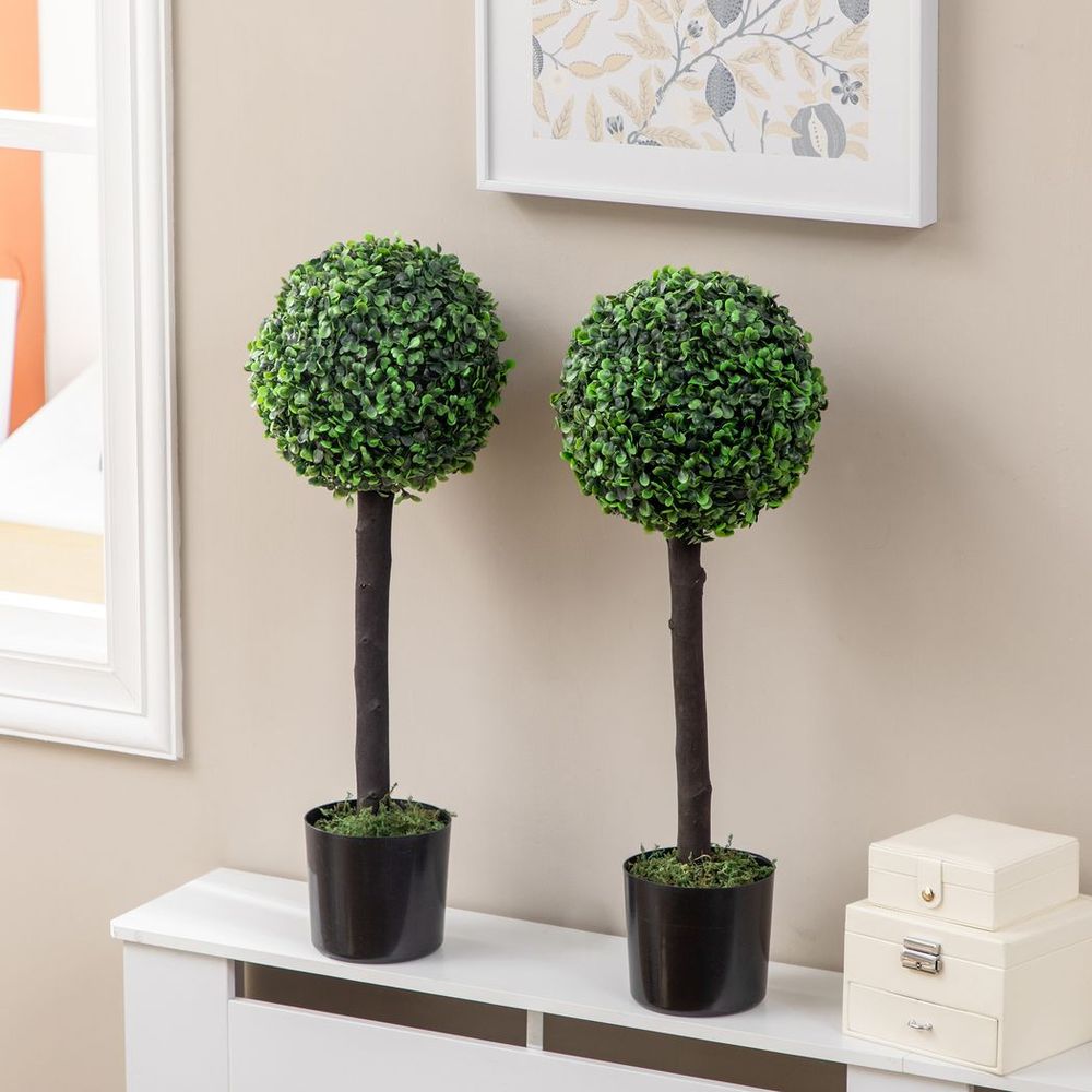 Set of 2 Potted Artificial Boxwood Ball Trees: 60cm, Outdoor