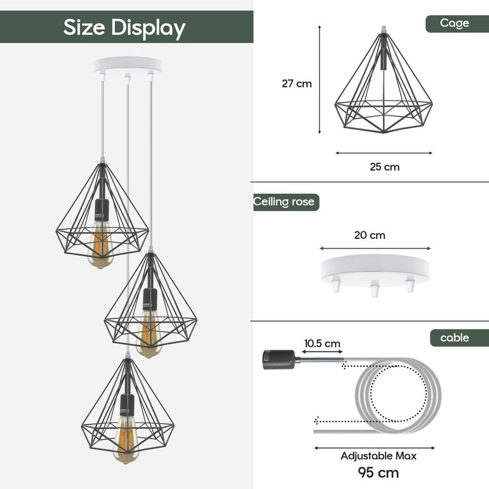 3-Head Round Base Vintage Industrial Ceiling Pendant Light - E27 Cage Shade, Loft Style