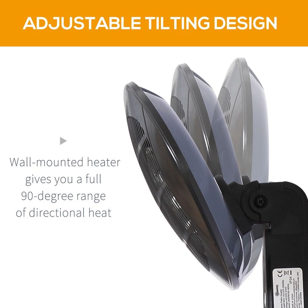 2kW Patio Heater, Wall-Mount Electric with Aluminium Finish and 3 Power Settings