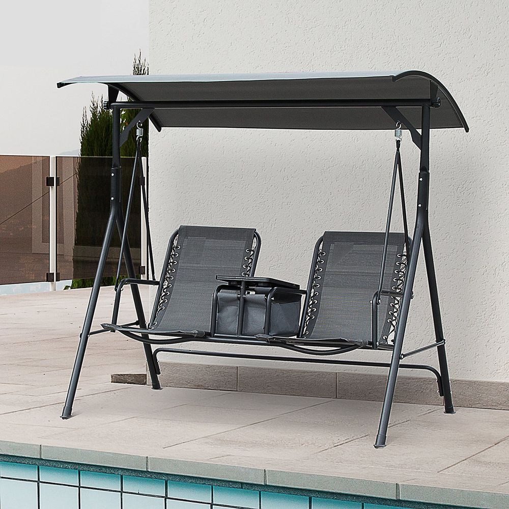 2-Seater Swing Chair with Canopy and Sling Seats, Middle Table and Cup Holders