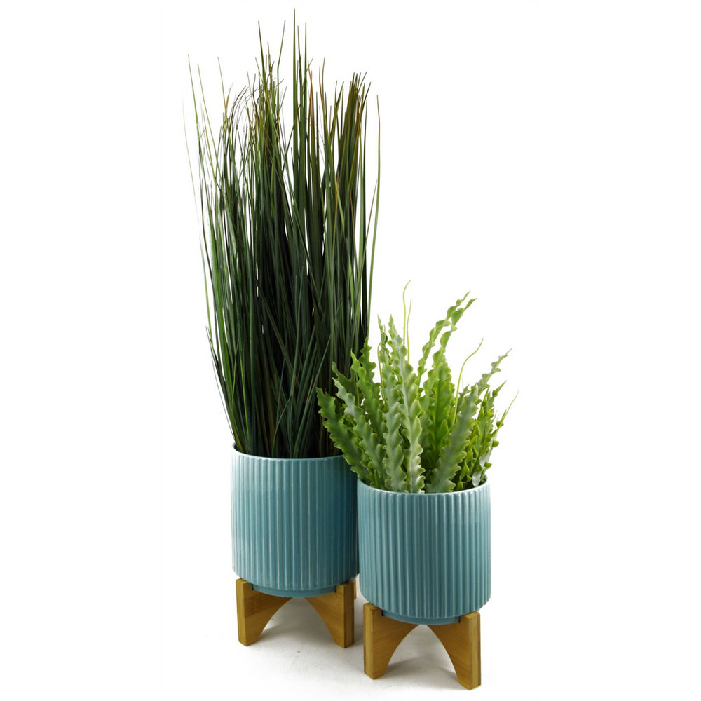 Turquoise Blue Ribbed Ceramic Planter Pot: 13.5 x 13.5 x 13cm