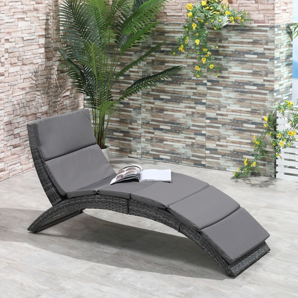 Garden Patio Rattan Wicker Folding Sun Lounger with Grey Cushion