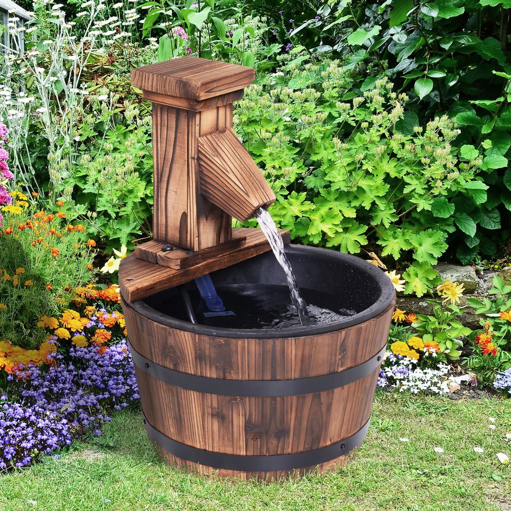 Wood Barrel Water Fountain with Pump: Patio Water Feature, Electric