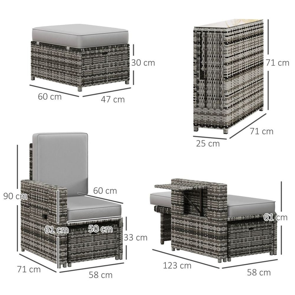 Grey Recliner Rattan Sun Lounger with Storage, Tea Table & Footstools