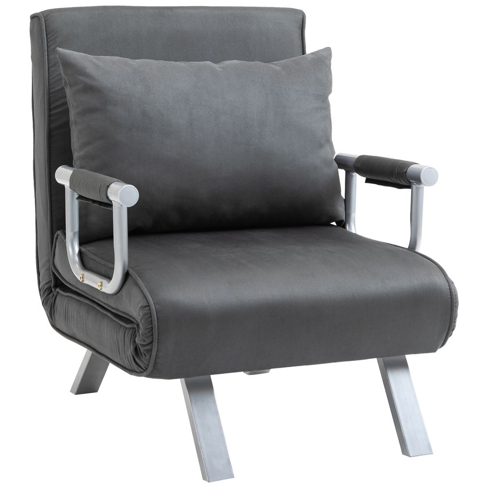 Foldable Portable Sofa Bed Armchair with Pillow, Dark Grey Lounge Sleeper