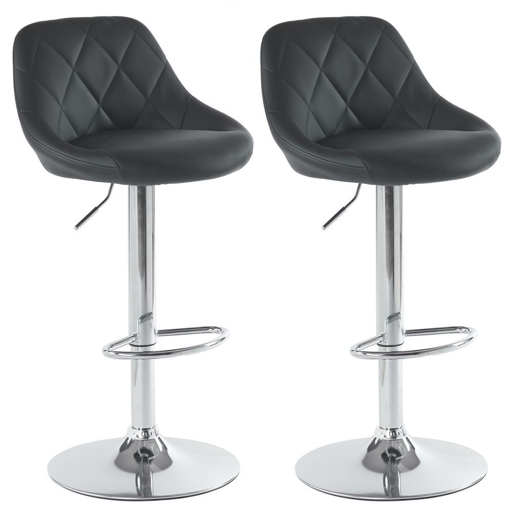 2 Adjustable High Bar Stools - Black, Disk Seat, No Armrests, Rhombus Backrest Design