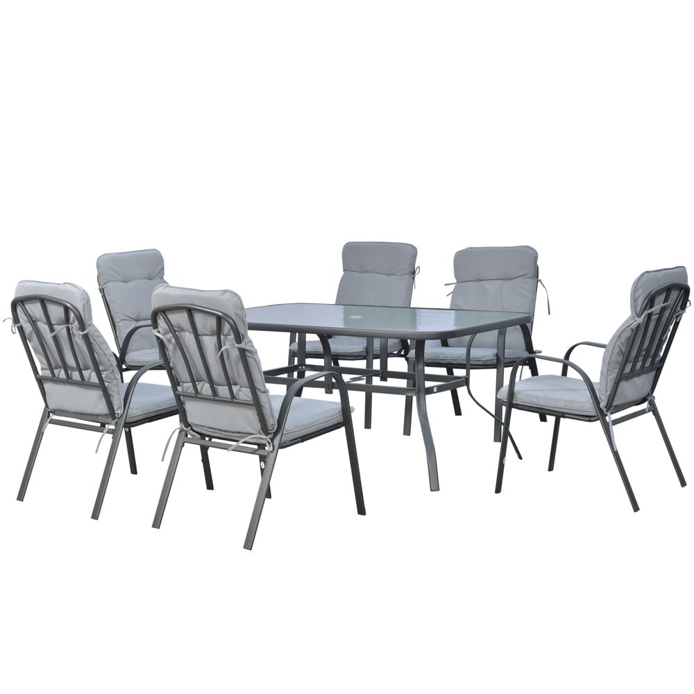 7-Piece Garden Dining Set with Glass Table, Umbrella Hole and Cushions, Black