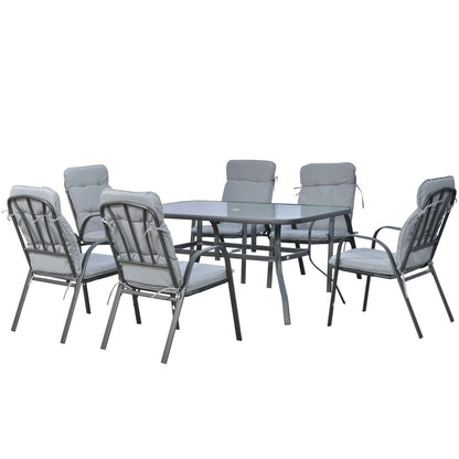 7-Piece Garden Dining Set with Glass Table, Umbrella Hole and Cushions, Black