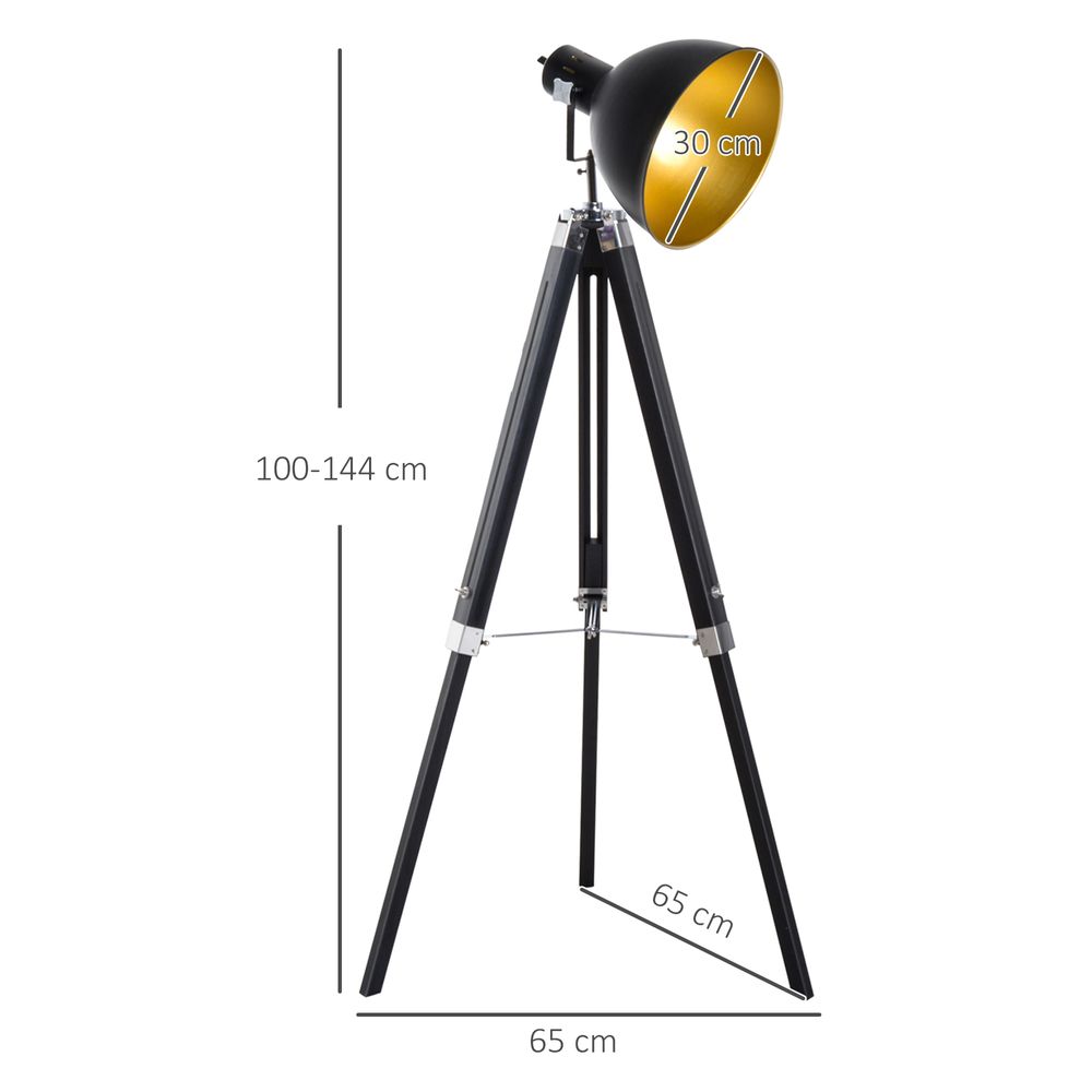 Retro Tripod Floor Lamp with Dome Shade and Wooden Legs in Black/Gold