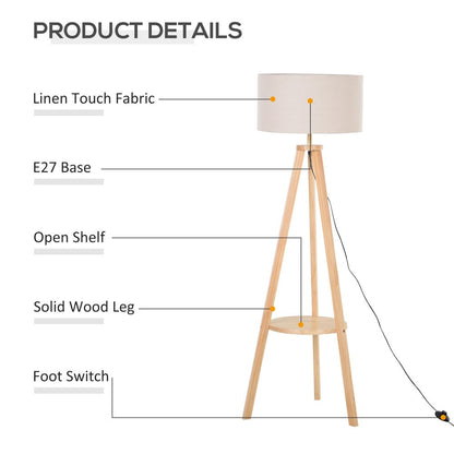 Floor Lamp, 154H cm-Beige/Natural Wood Colour