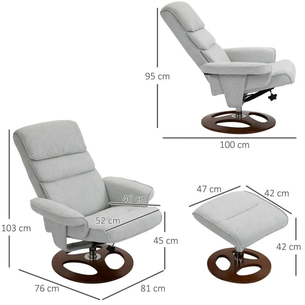 Recliner Chair & Ottoman Set – 360° Swivel with Thick Padding and Wood Base – Grey