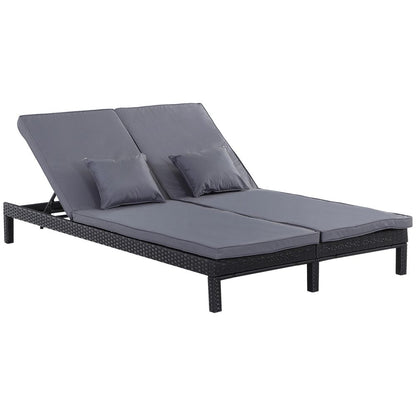 2-Seater Adjustable Rattan Lounger with Cushions in Black