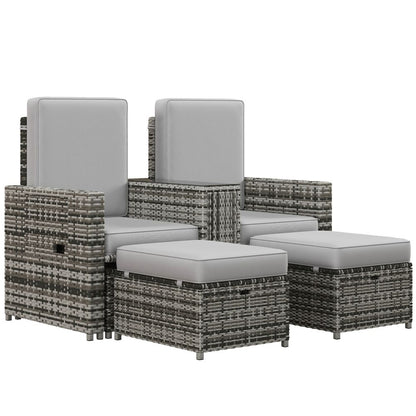 Grey Recliner Rattan Sun Lounger with Storage, Tea Table & Footstools