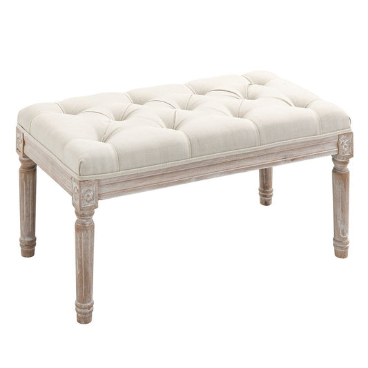 Accent Bench Tufted Upholstered Foot Stool Linen-Touch Fabric Ottoman Beige